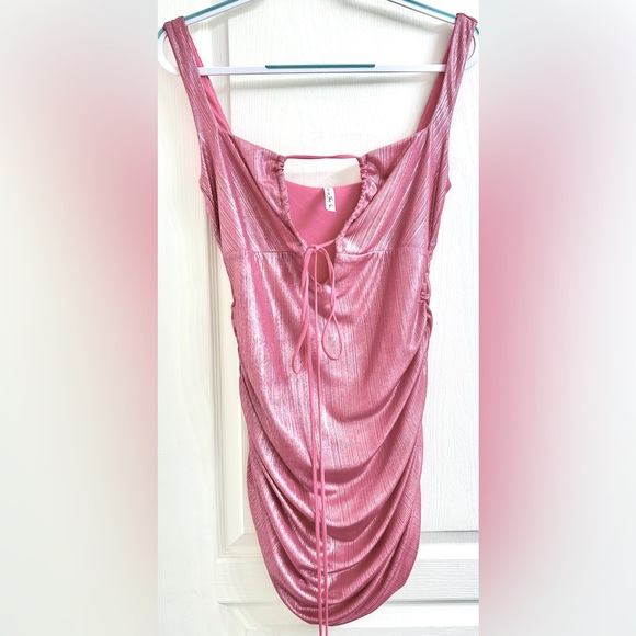 LUCY IN THE SKY Front Tie Ruched Mini Dress in Pink Shimmer - Picture 2 of 13